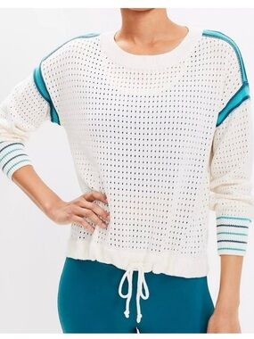 LOU & GREY Cream 100% Cotton Pointelle Sweater with Teal Trim